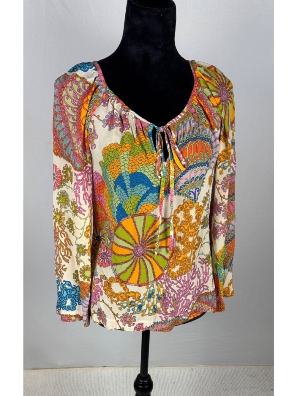 Trina Turk Multicolor Silk Blend Boho Blouse With Tie Neck And Long Sleeves Size
